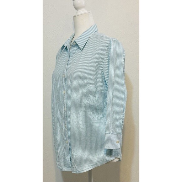 LL Bean Women Size M Teal/White Striped Seersucker Button Up Shirt Blouse - Picture 6 of 13
